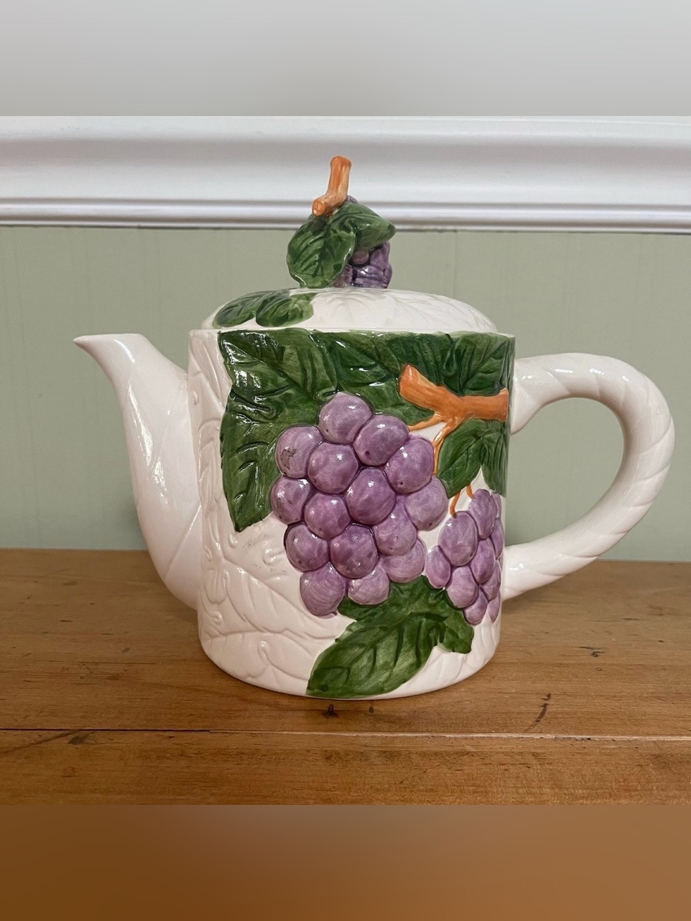 Stafford Ceramic Teapot with Purple Grapes and Green Leaves 8” tall. Vintage